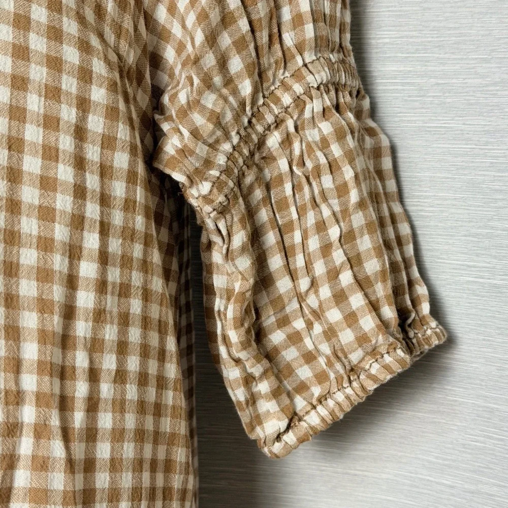 Anthropologie Tan Gingham Cotton Puff Sleeve Henley Top Boho Blouse small